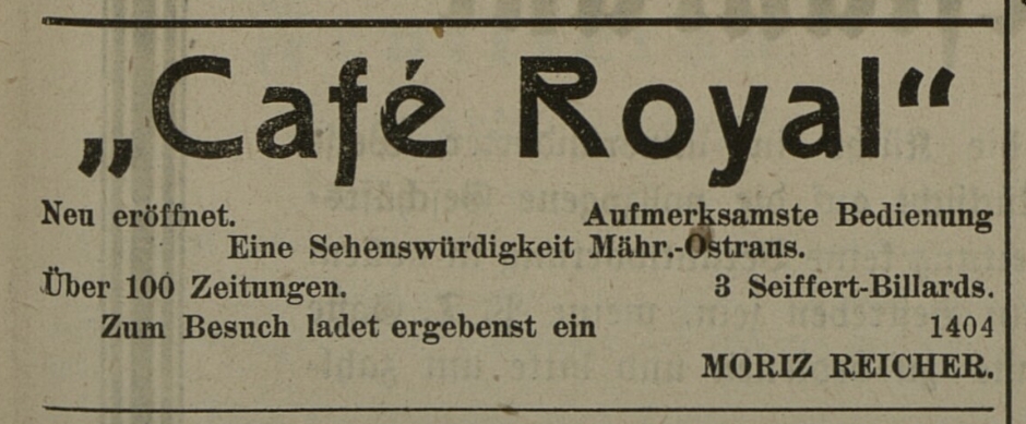 Reklama na nově otevřenou kavárnu (Ostrauer Zeitung, 8.7.1912)