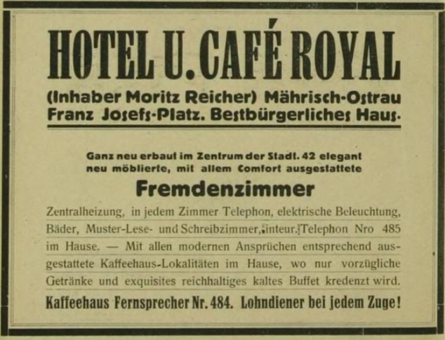 Reklama na nově vystavený hotel s kavárnou z dobového adresáře (1914)