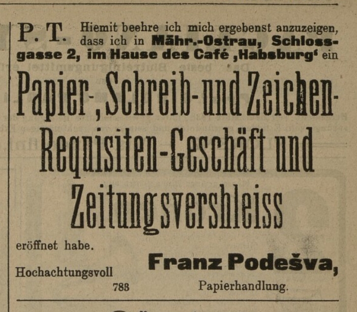 Franz Podešva informuje o otevření svého papírnictví v době "Kavárny Habsburg", 1902