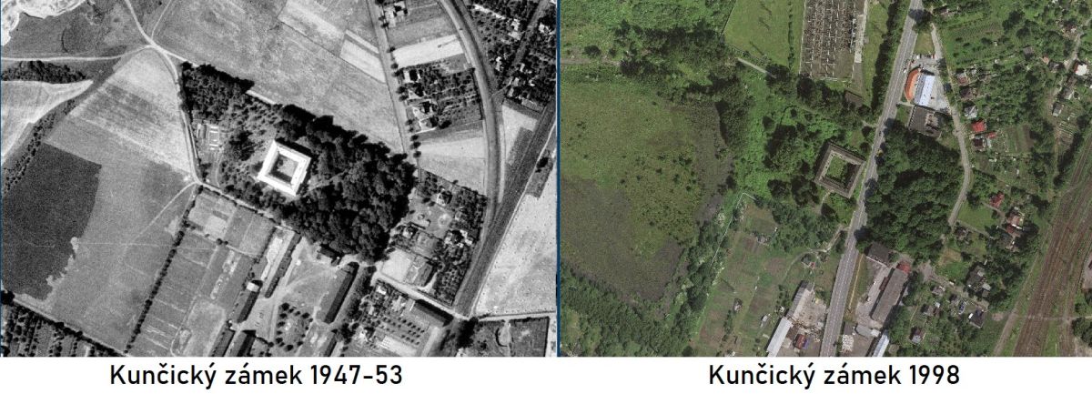 Pohled na areál zámku na leteckých snímcích z 50.let a roku 1998
