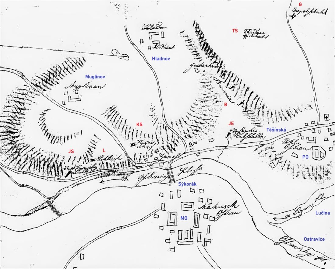 Mapka důlních děl v údolí Burňa a okolí na Polskoostravském panství. Ruční kresba důlního měřiče kolem r. 1830, bez měřítka