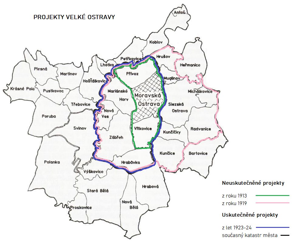 Projekty Velké Ostravy z let 1913-24 / podkladová mapa: Dějiny Ostravy (Sfinga, 1993), úpravy Historická Ostrava