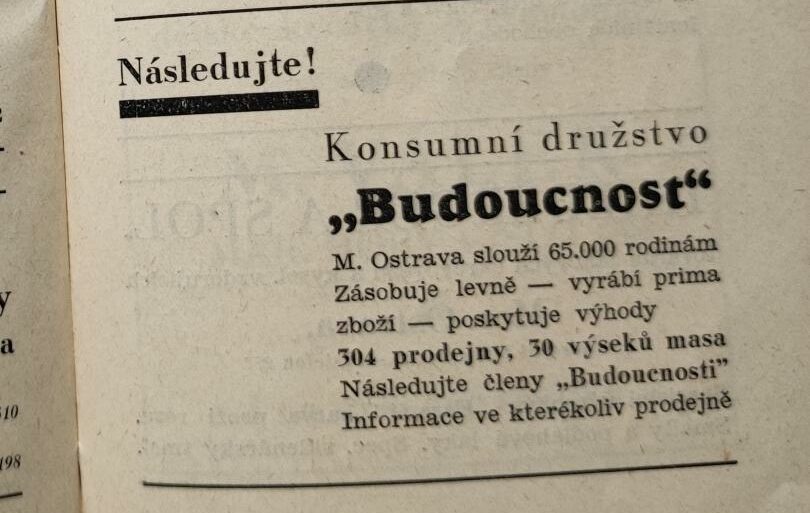 Dobový inzerát družstva (Obrázkový průvodce Velkou Moravskou Ostravou, 1930)