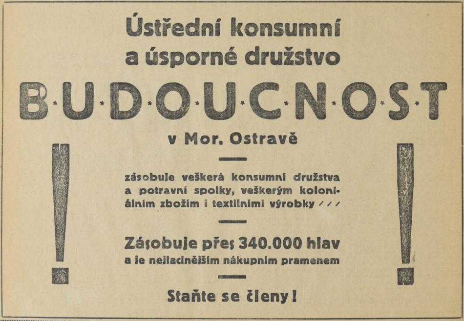 Dobový inzerát družstva (noviny Rudý kraj 29.10.1921)